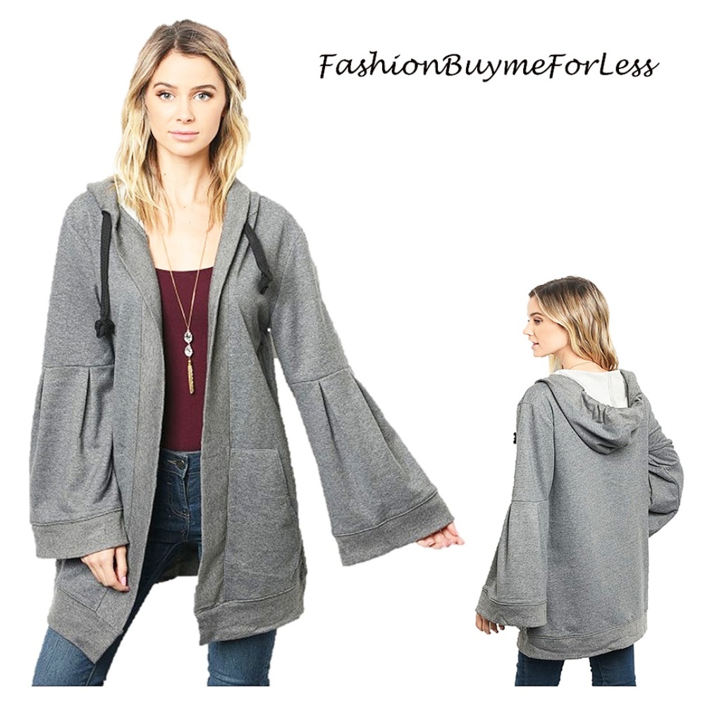 Gray Oversized Bell Sleeve Hooded Sweater Jacket